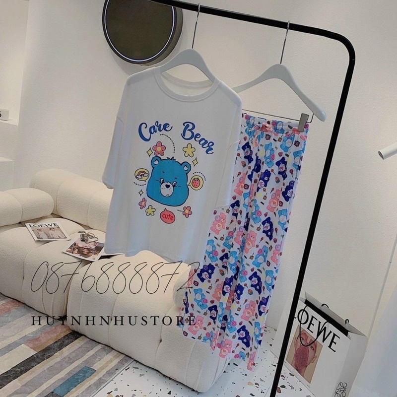 Set áo cotton quần suông gân gấu xanh xinh xắn O1