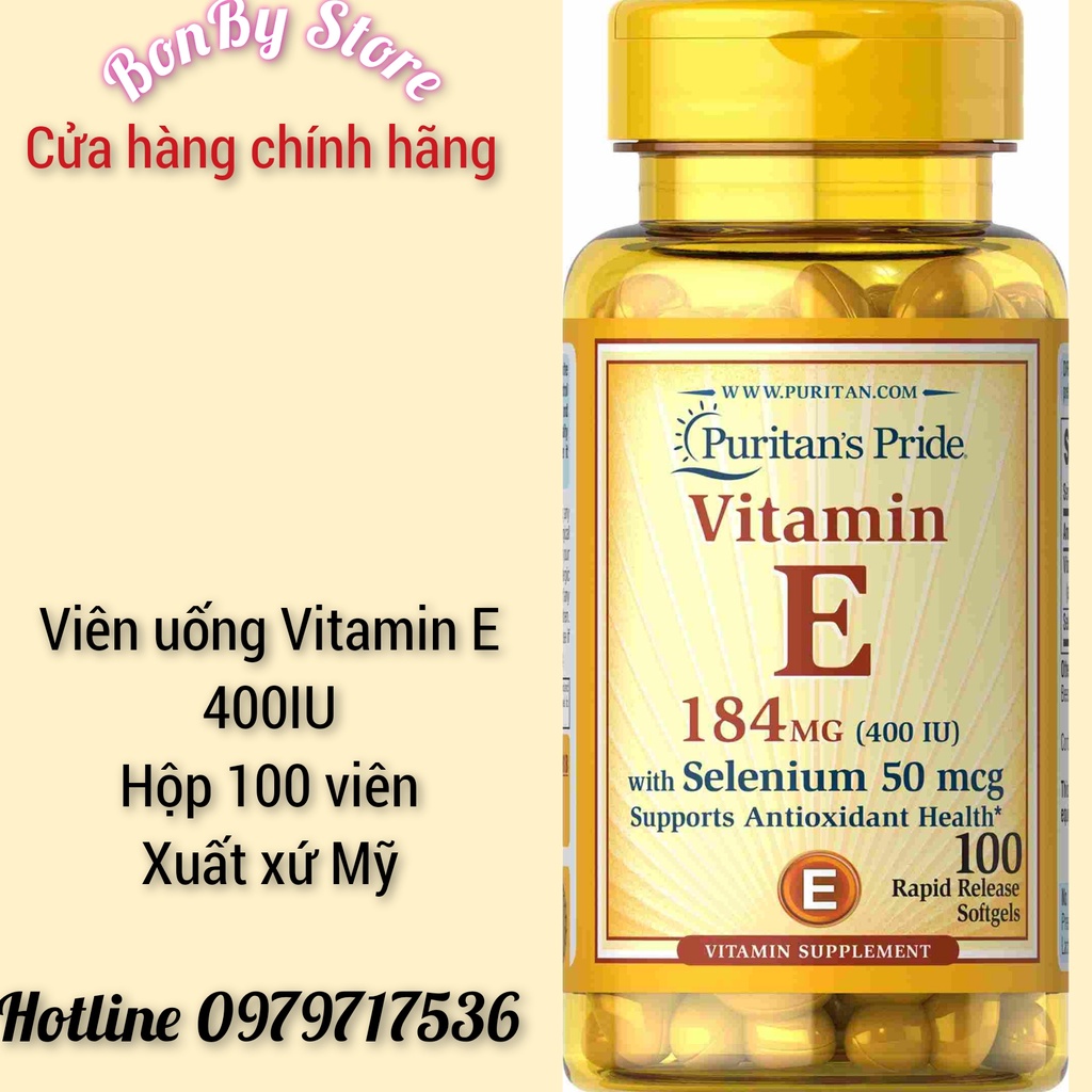 (BILL US) Viên Uống Bổ Sung Vitamin E 184mg ( 400IU) with Selenium 50mg 100 viên Puritan Pride
