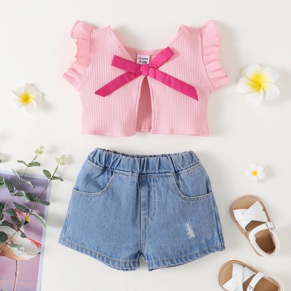 Set đồ 2 mảnh Mikrdoo gồm áo tay xòe + quần denim dễ thương cho bé gái