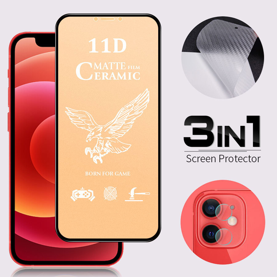 kính cường lực chống bám vân tay dẻo 11D+Miếng dán mặt lưng cacbon chống vân tay,xước+Kính cường lực bảo vệ Camera
