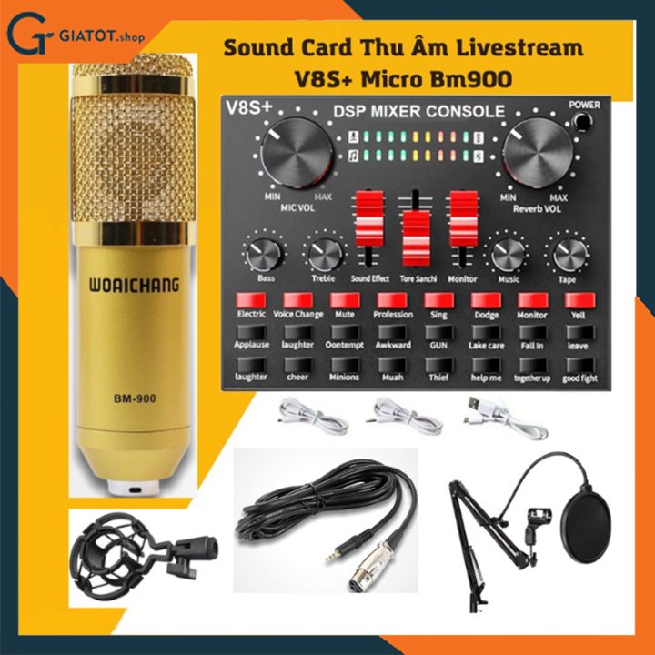 Trọn bộ micro thu âm BM900, sound card âm thanh V8S+ tặng kèm giá đỡ micro và màng lọc âm