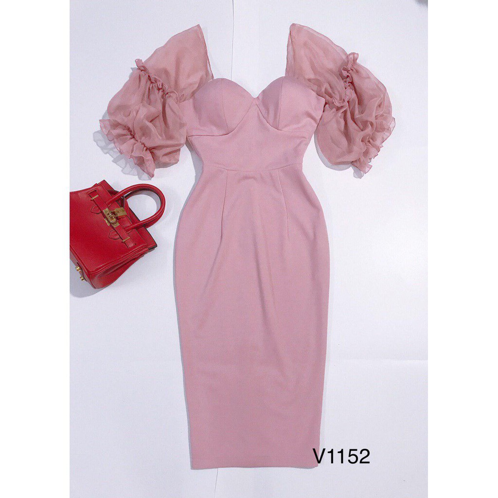 [ xả kho ] MiD Váy body hồng tay bồng V1152 kèm ảnh thật