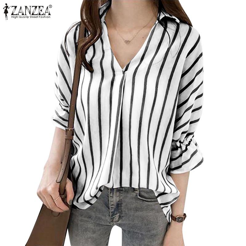 Áo sơ mi Zanzea cổ chữ V tay dài họa tiết kẻ sọc thời trang dành cho nữ