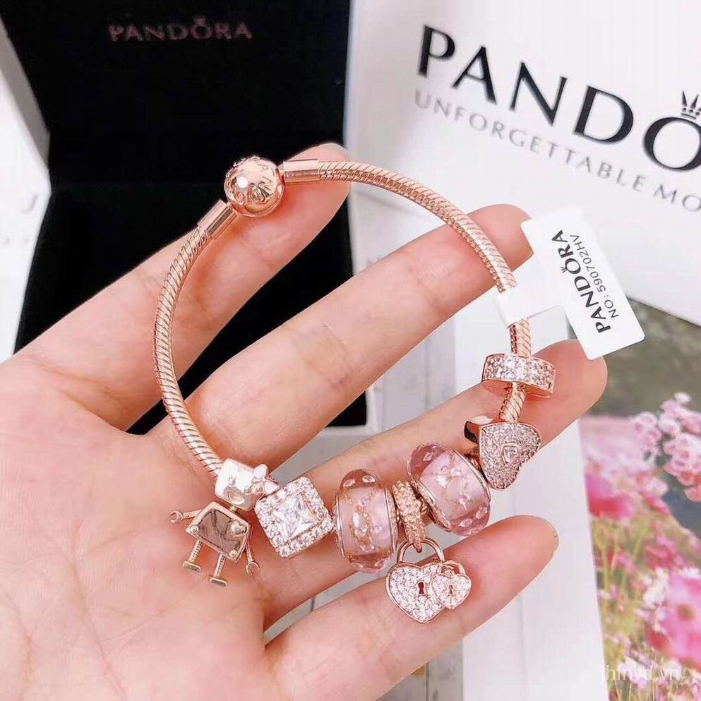 Vòng tay mạ bạc 925 phối màu hồng Pandora phong cách cổ điển kèm hộp phù hợp làm quà tặng cho bạn gái