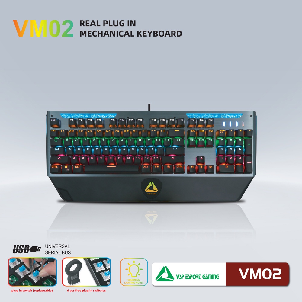 Bàn phím Cơ Gaming VSP Esport VM02 - 9 chế độ Led, Anti Ghost 26 phím (Đen) - Hãng phân phối