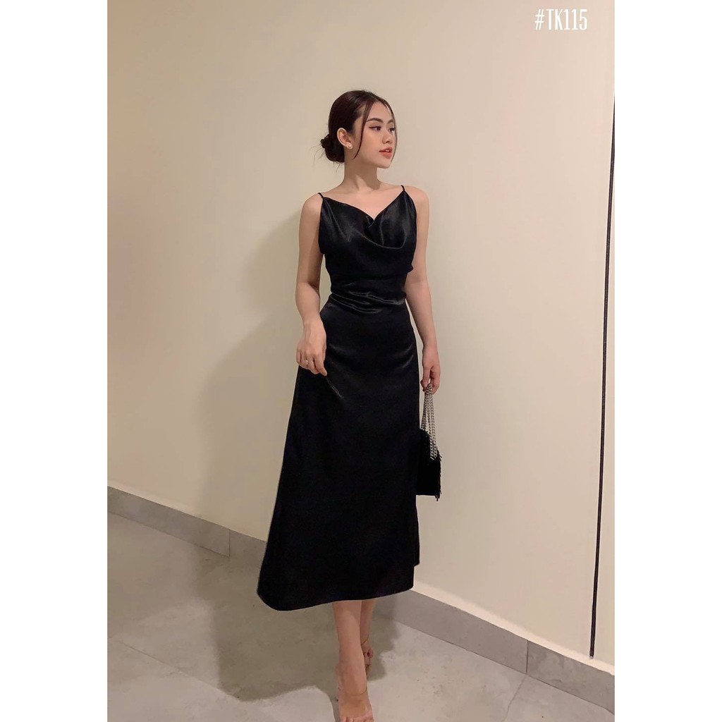 Đầm Hai Dây Cổ Đổ Sexy Phi Lụa Màu Đen Đi Tiệc