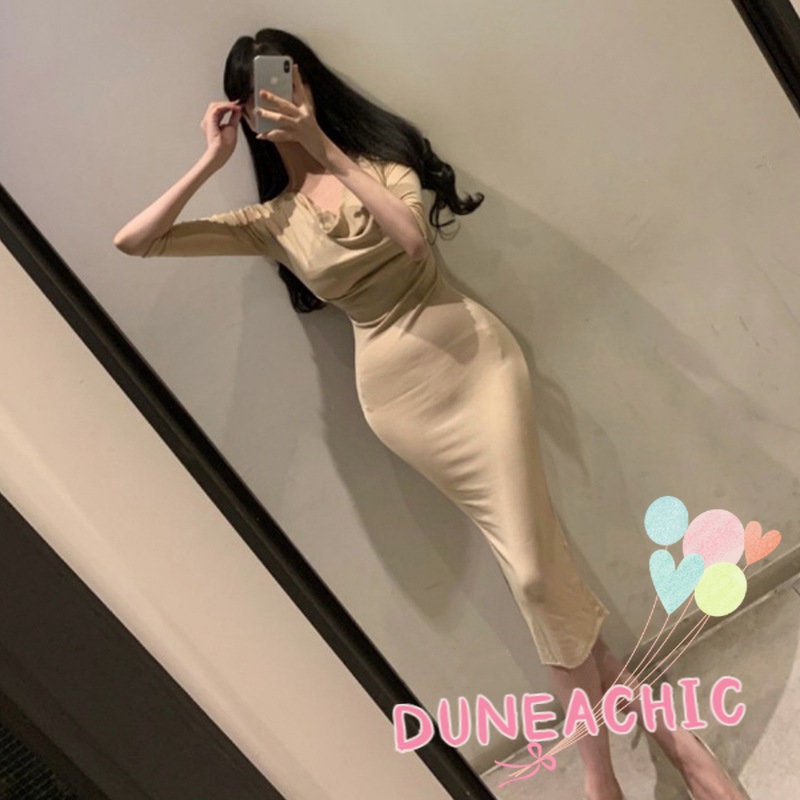 DUNEA Đầm nữ DUNEA tay dài ôm dáng xẻ tà thời trang quyến rũ