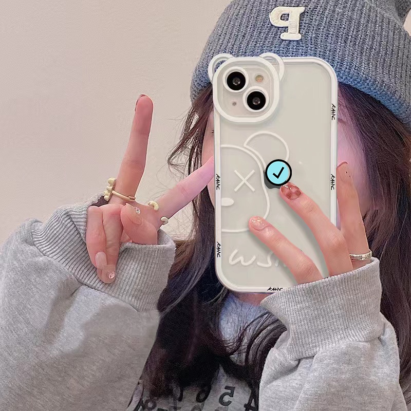 Ốp Lưng Iphone Bảo Vệ Camera Gắn Tai Gấu Viền Màu Hàn Quốc Kaws 7plus/8plus/x/xs/xsmax/11/12/13/14/pro/max