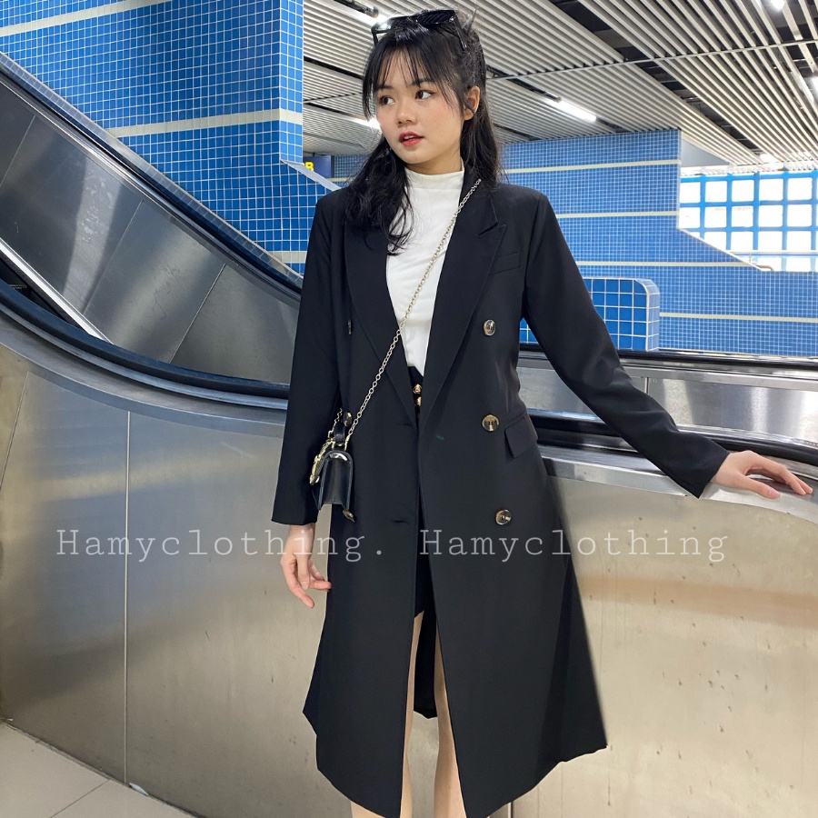 Áo mangto dáng dài lửng Hamy A-33 đai lưng hai lớp màu đen be nâu