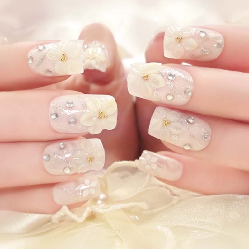 Set 24 móng tay giả đính hoa trang trí móng 3D cho  cô dâu