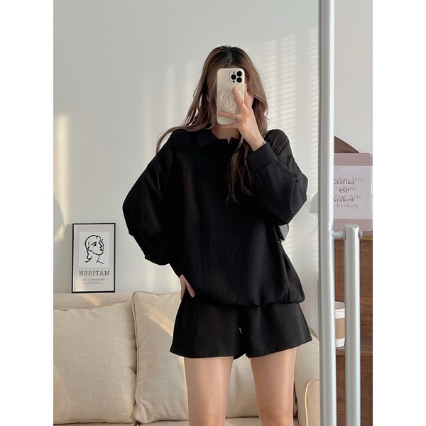 Set polo nỉ tổ ong áo dài tay- quần short form rộng