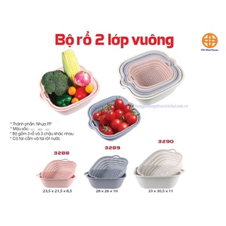 [HÀNG CHÍNH HÃNG] BỘ RỔ 2 LỚP VUÔNG VIỆT NHẬT (6 chi tiết gồm 3 rổ ,3 chậu)