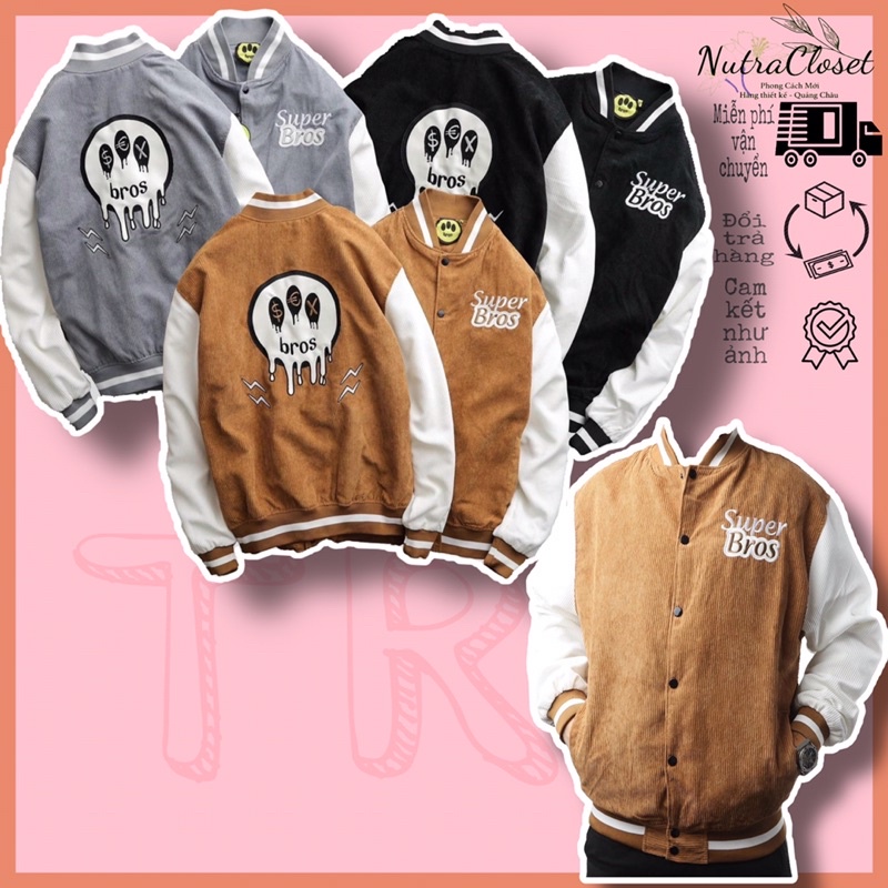 Áo khoác bomer bóng chày thêu kaki nhung gân 2 lớp unisex ulzzang nam nữ