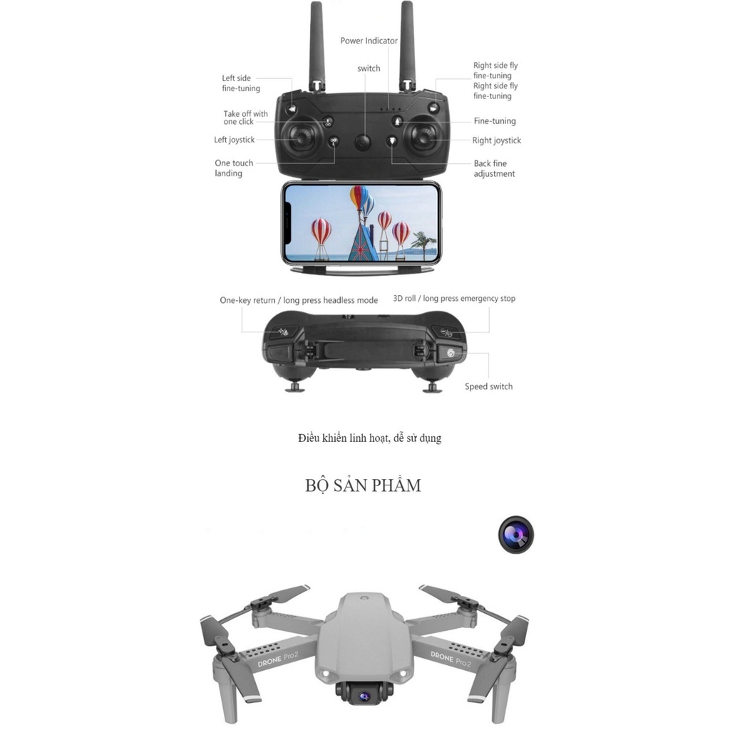 Flycam quay phim chụp ảnh full hd 1080 - Máy Bay Điều Khiển Từ Xa Cỡ Lớn FLYCAM E99 - 2021 + Tặng túi đựng