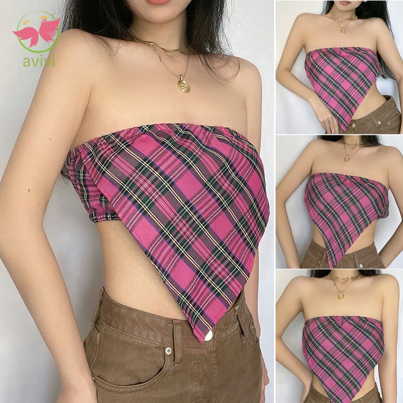 One-Line Collar Crop Tube Women's Slim Backless Fashion Plaid Spring and Summer Women's Clothing