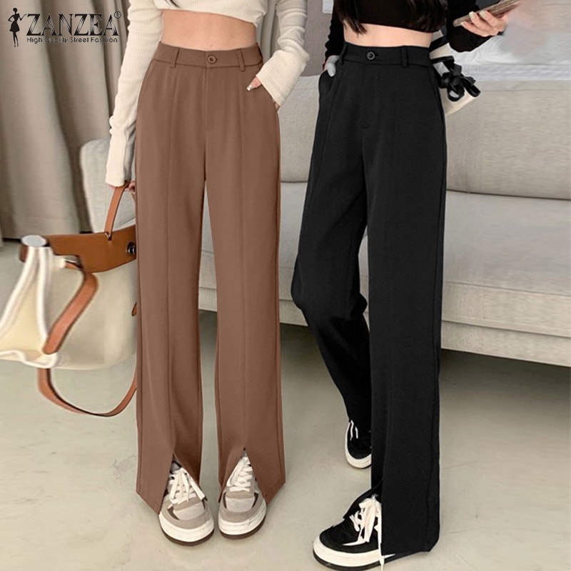 Quần dài Zanzea lưng cao màu trơn xẻ tà trước thời trang cho nữ