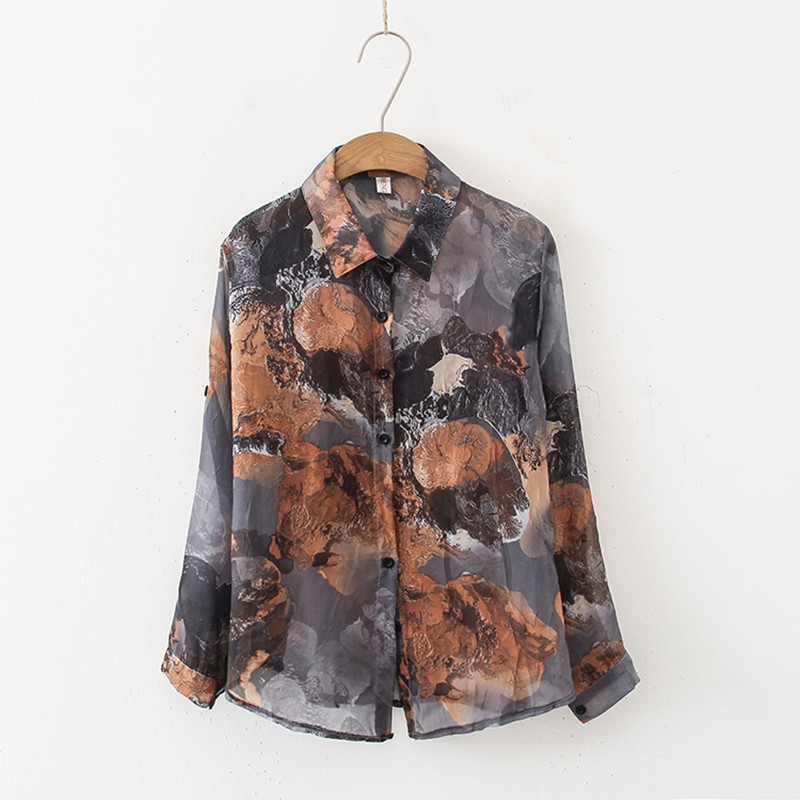 Áo Sơ Mi Nữ Tay Dài Dáng Rộng In Hoa Phong Cách Hàn Quốc