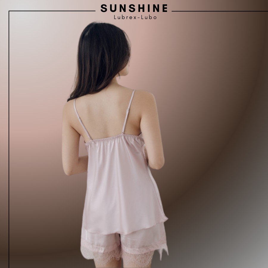 Bộ Đồ Ngủ Nữ Mặc Nhà  Áo 2 Dây Quần Cộc Phối Ren Nữ Tính Lụa Trơn Cao Cấp MÀU HÔNG SUNSHINE MNT230