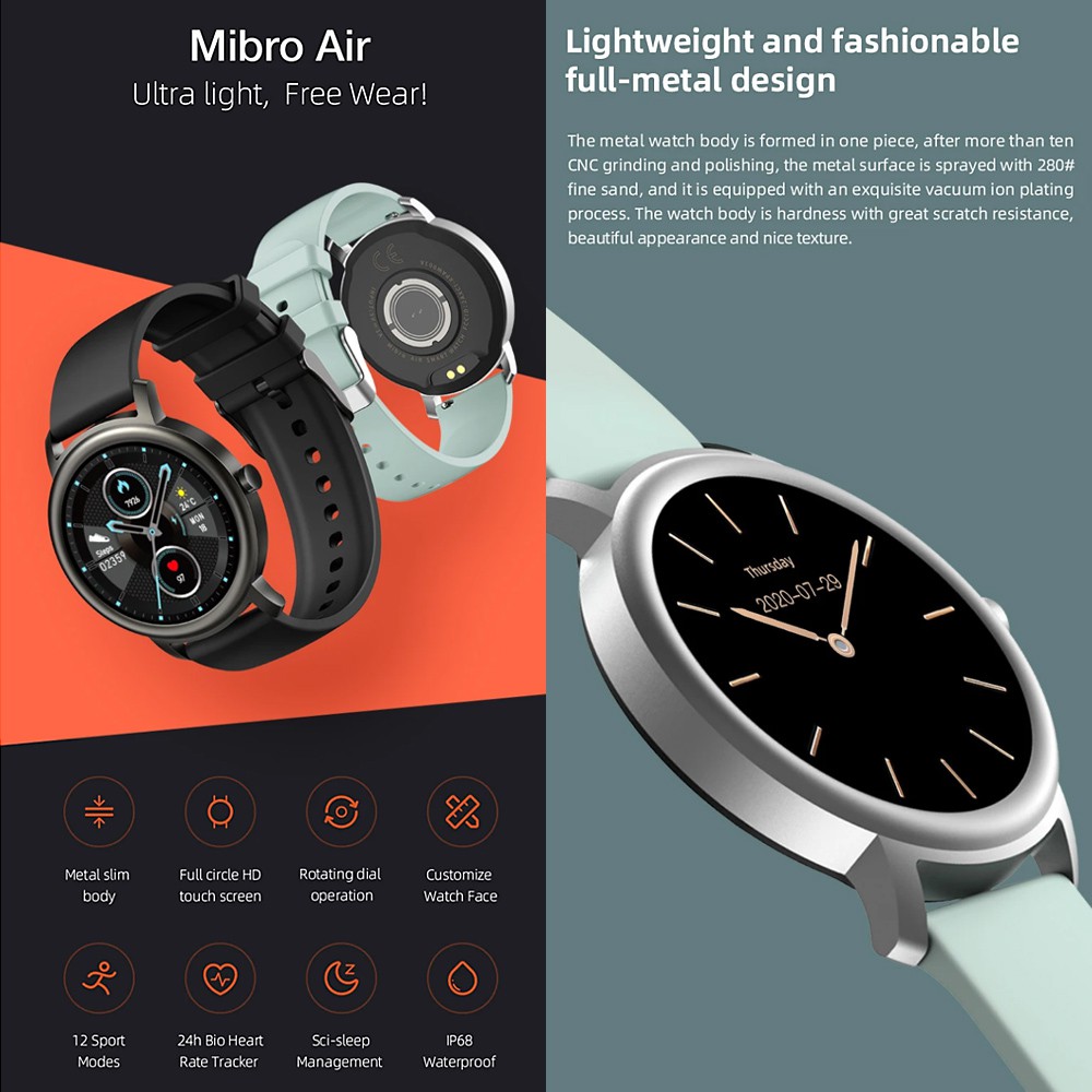 Mibro XPAW001 Global Version Mibro Air Smart Watch XPAW001 Fitness Tracker Watch with 12 Sports Modes/24h Bio Heart Rate Tra