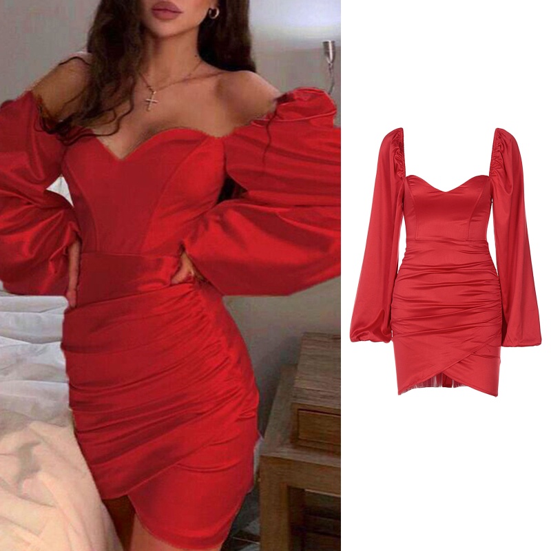 Đầm Satin Tay Phồng Dài Cổ Vuông Xẻ Tà Dáng Ôm Thời Trang Quyến Rũ Cho Nữ