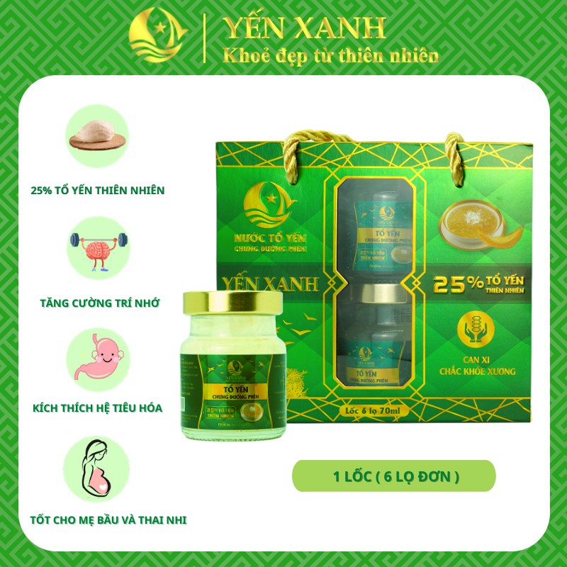 Nước tổ yến sào cao cấp chưng đường phèn 25% yến – YẾN XANH - Lốc 6 lọ x 70ml