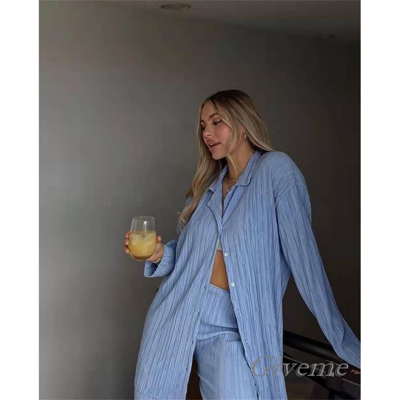 Set Đồ Nữ 2 Món Áo Sơ Mi Tay Dài Cài Nút Kèm Quần Dài Thời Trang