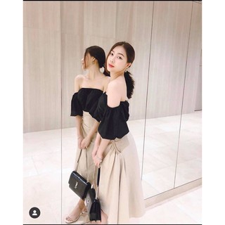 Set croptop đen trễ vai chân váy midi