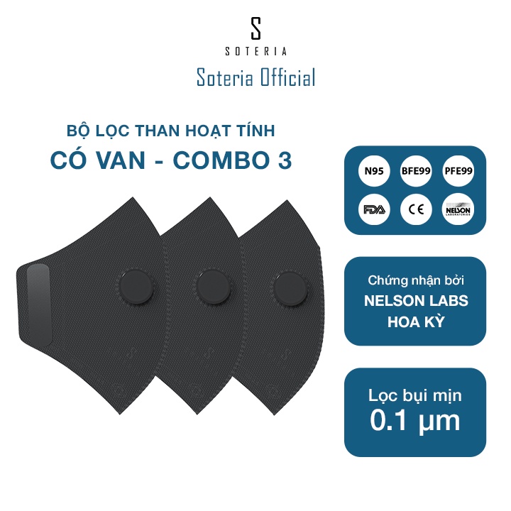 Bộ Lọc Soteria - Filter Có Van - Combo 3 - Bộ lọc đạt chuẩn Mỹ N95 BFE PFE 99 lọc đến 99% bụi mịn 0.1 micro