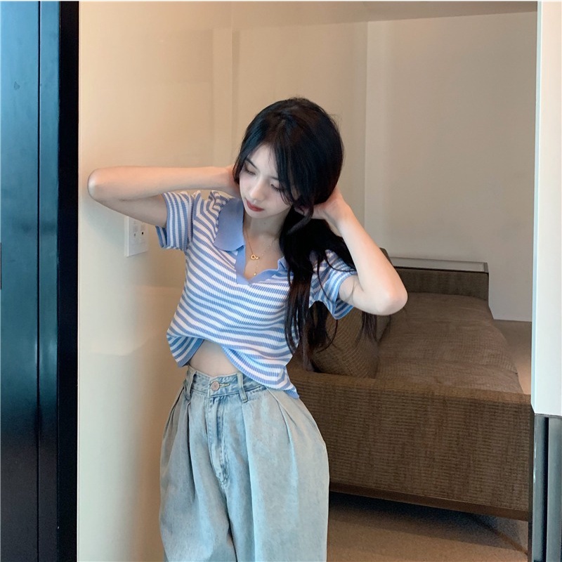 Áo Thun POLO Dệt Kim Ngắn Tay Họa Tiết Kẻ Sọc