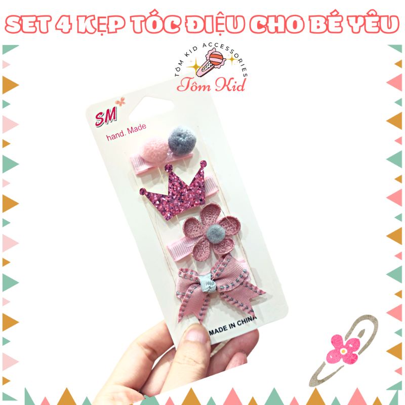 Set 4 kẹp tóc hình Nơ điệu cho bé gái NPP Baby Tôm