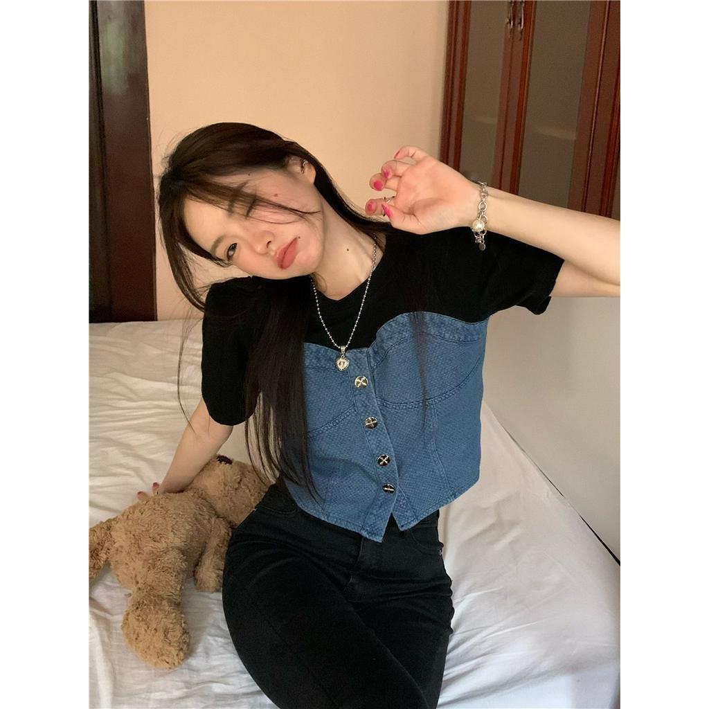 Áo Thun Ngắn Tay Giả Hai Lớp Phối denim Thời Trang Mùa Hè Cho Nữ