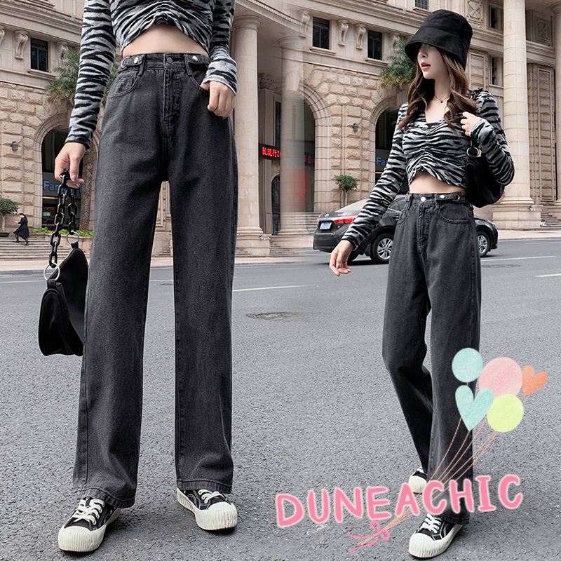 DUNEA Quần Jean Dài Lưng Cao Ống Rộng Thời Trang Cá Tính Cho Nữ