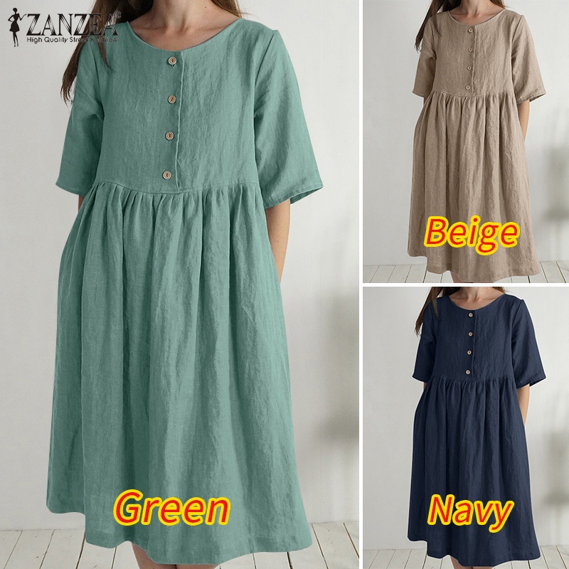 Đầm Zanzea mini tay lửng cài nút màu trơn đơn giản dễ phối đồ phong cách đường phố Hàn Quốc cho nữ