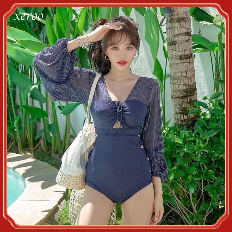 Bộ Đồ Bơi Hàn Quốc Phối Lưới, Bikini Dài Tay Đi Biển Một Mảnh, Áo Tắm Nữ Một Mảnh, Áo Tắm Nữ Sinh Bảo Thủ