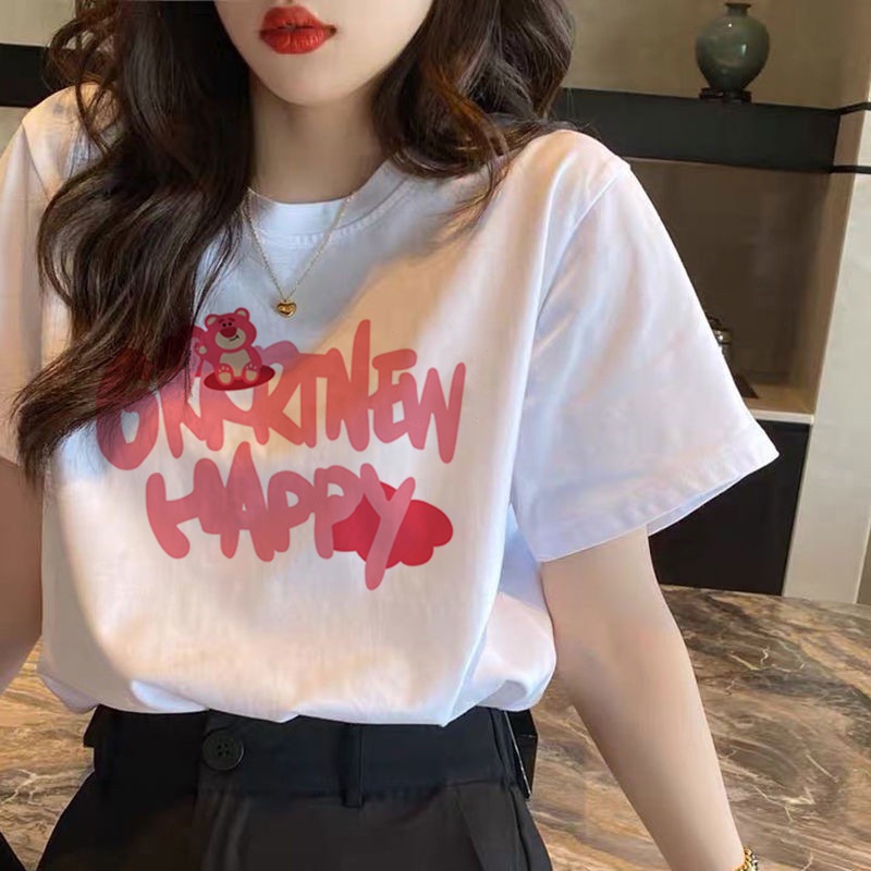 Áo Thun Ngắn Tay Dáng Rộng Họa Tiết Gấu Và Dâu Tây Đáng Yêu Thời Trang Mùa Hè Hàn Quốc