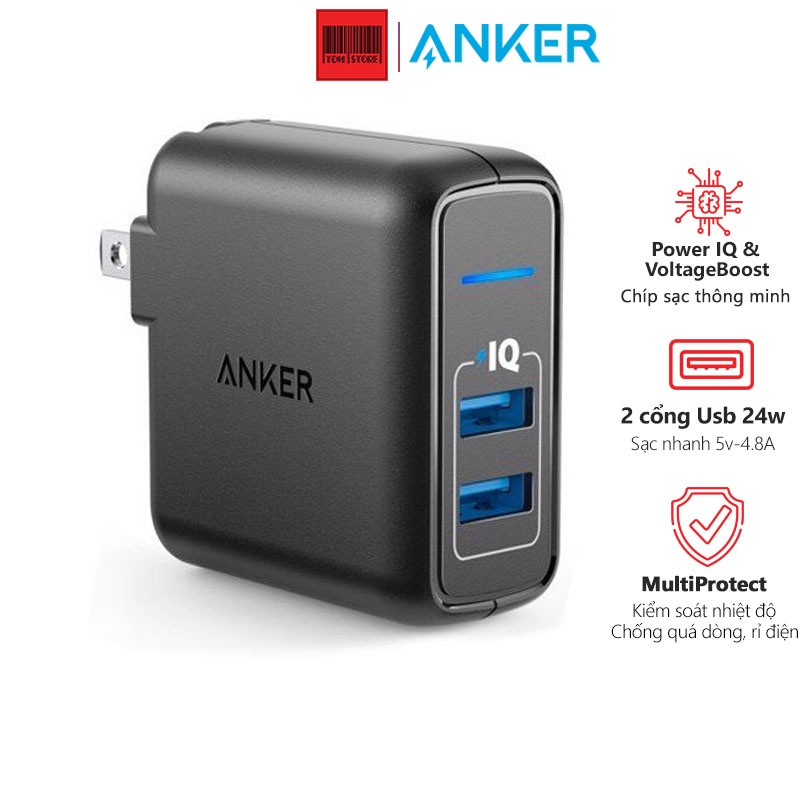 Cốc sạc nhanh 24w Anker PowerPort Elite 2, 24w - A2023 công nghệ sạc nhanh độc quyền PowerIQ và VoltageBoost