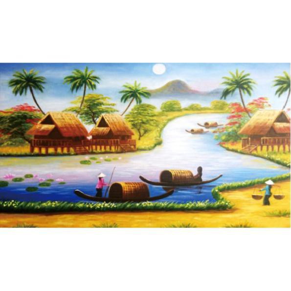 Tranh đính đá phong cảnh Làng Quê KT:75x50cm