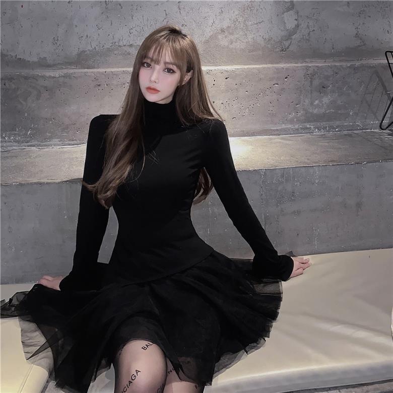 Đầm dáng chữ A tay dài cổ cao màu đen phối lưới thiết kế không đều thời trang thu đông quyến rũ cho nữ