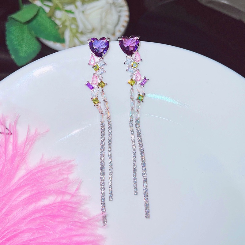 Đôi Khuyên Tai Dài Tua Rua Đính Đá Zircon Hình Trái Tim Màu Tím Sang Trọng Cho Nữ
