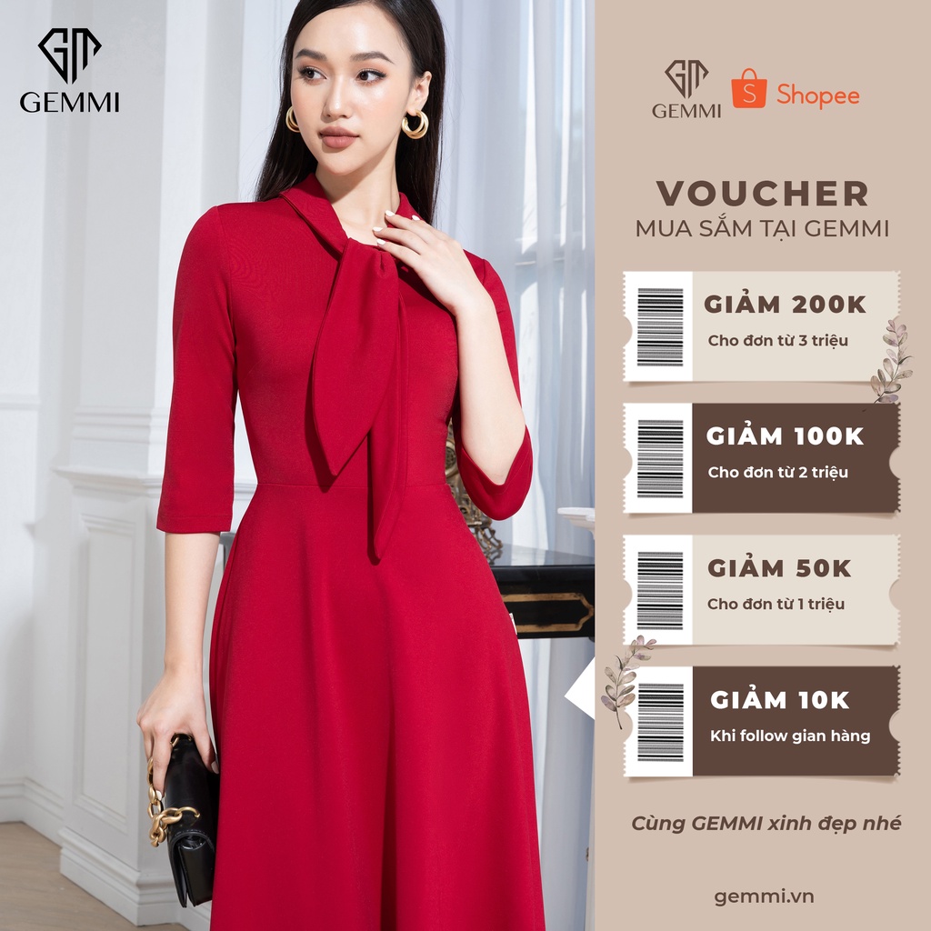 Váy đầm nữ công sở dáng xòe thiết kế tay lỡ cổ nơ Gemmi fashion, DK8497