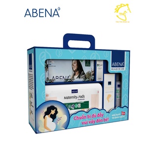 COMBO ĐI SINH ABENA NHẬP KHẨU ĐAN MẠCH GỒM 5 MÓN (BĂNG LÓT SẢN PHỤ, DẦU TẮM GỘI KHÔ, KEM HĂM, NƯỚC RỬA VỆ SINH...)