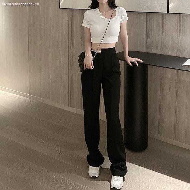 Quần dài ống rộng lưng cao màu đen phối chuỗi đá và ngọc trai giả thời trang cho nữ | BigBuy360 - bigbuy360.vn