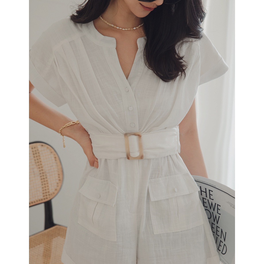 Jumpsuit cổ V xếp ly kèm belt nữ Air Space 2121828008