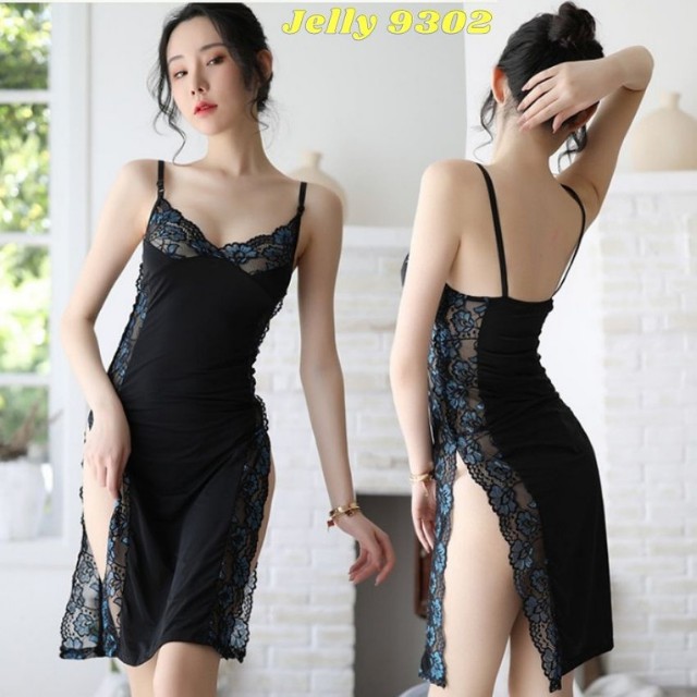 [QUÀ TẶNG] Váy Ngủ Lụa Cao Cấp Xẻ Hông Sexy Gợi Cảm  Phối Ren Mềm Mại – Đầm Ngủ 2 Dây Xuyên Thấu, Mỏng Nhẹ - Jelly 9302