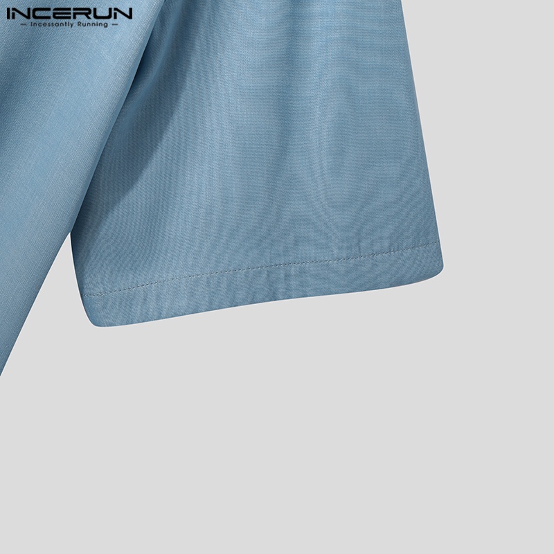 Áo sơ mi denim INCERUN ngắn tay màu trơn phối túi hộp thời trang cho nam