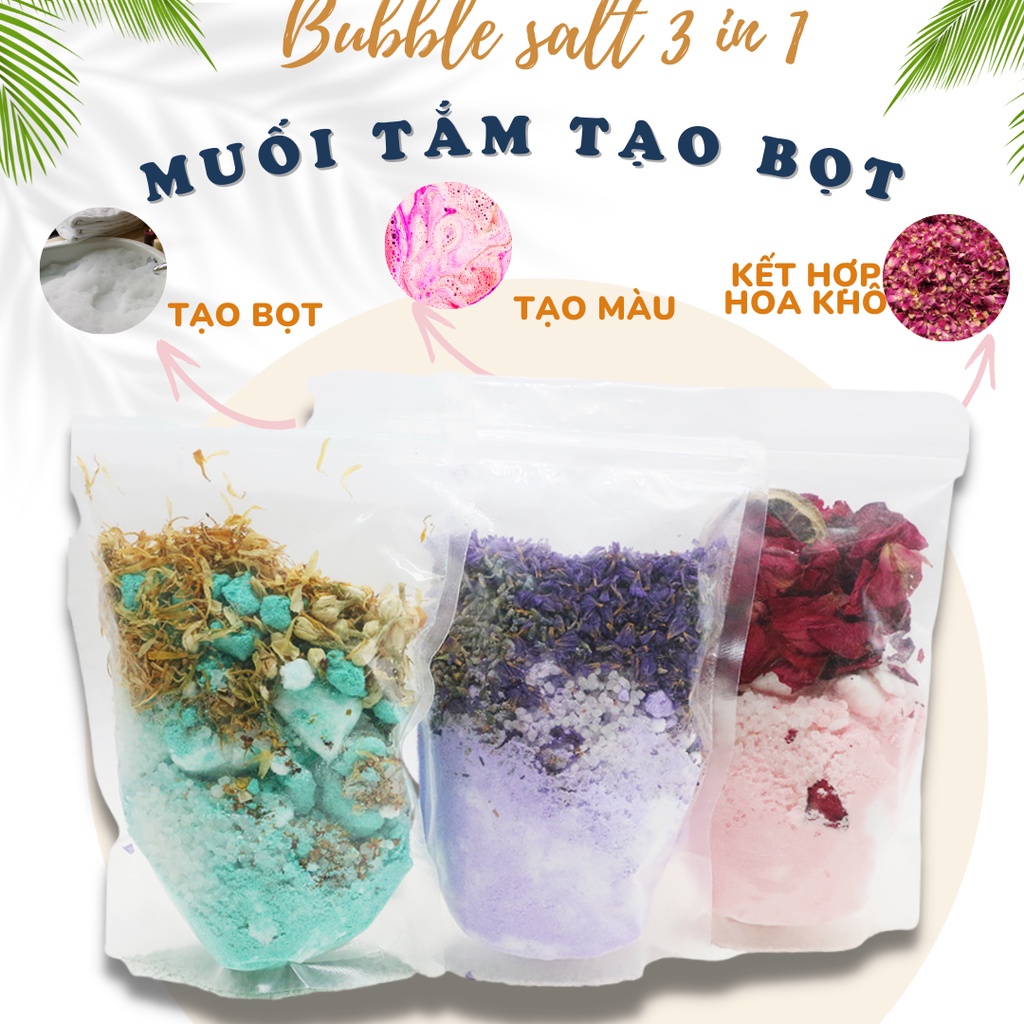 Bubble Salt, Muối Tắm Tạo Bọt, Tạo Bọt Bồn Tắm 3 Trong 1 Kết Hợp Tạo Màu, Tạo Mùi cùng Hoa Khô Lãng Mạn - Gói 200g