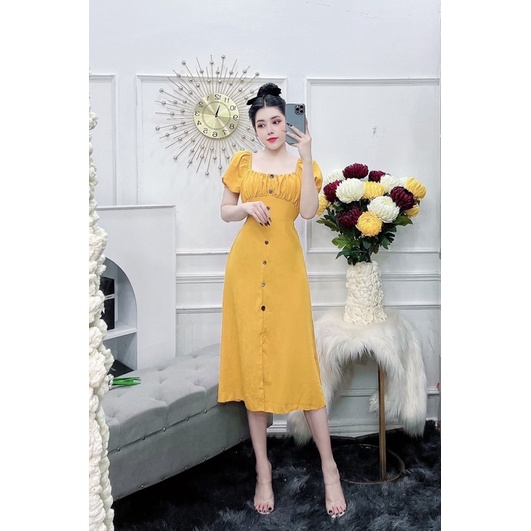 Đầm trơn cổ vuông phối cúc kèm dây cột eo siêu xinh Linh Htt