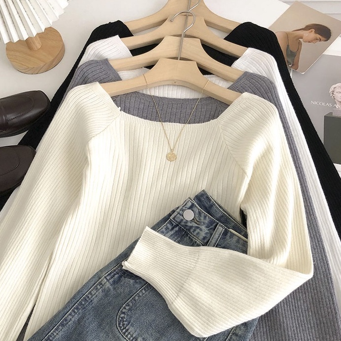 NUZIRO Áo dệt kim  tay dài cổ vuông màu đơn giản phong cách Hàn Quốc cho nữ