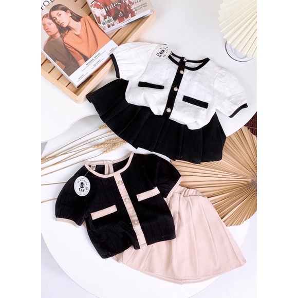 Sét chân váy cho bé, sét váy tiểu thư áo đũi viền mix chân váy xếp ly có lót quần cho bé