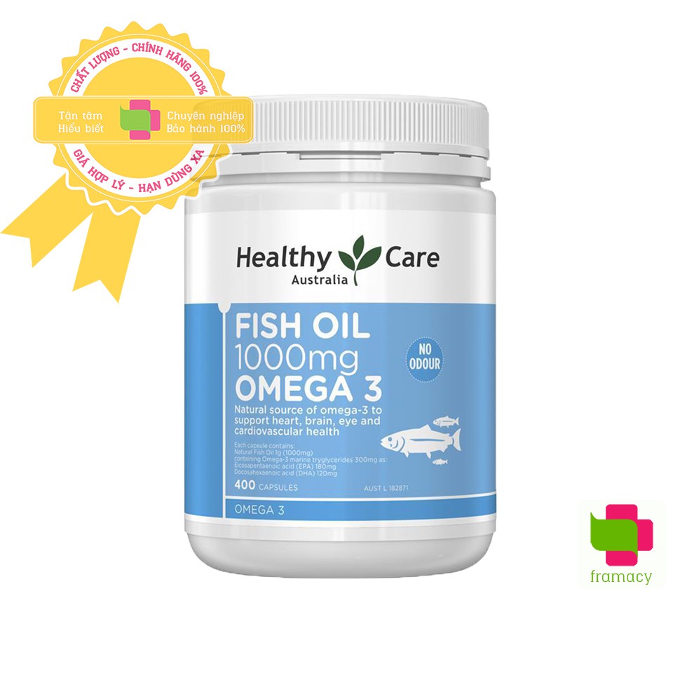 Dầu cá Healthy Care Fish Oil Omega 3 1000mg, Úc (400v) bổ sung DHA cho người từ 6 tuổi trở lên